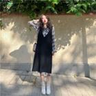 Long-sleeve Plaid Midi A-line Shirt Dress / Sleeveless Mini Dress