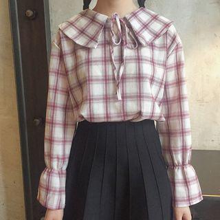 Plaid Collared Long-sleeve Blouse