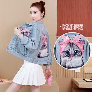 Distressed Cat Print Denim Jacket