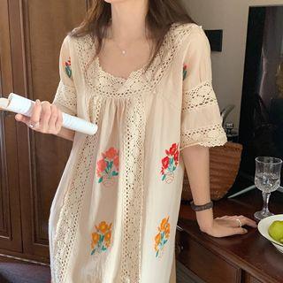 Elbow-sleeve Flower Embroidered Midi A-line Dress Almond - One Size