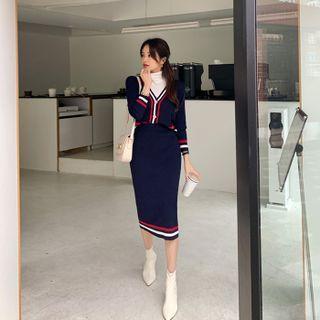 Knit Set: Contrast-trim Cardigan + Midi Skirt