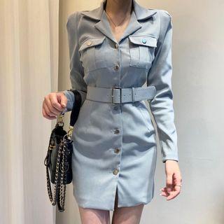 Pocket Detail Long-sleeve Mini Collared Dress