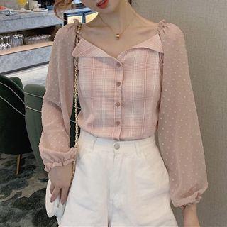 Mesh Sleeve Plaid Blouse