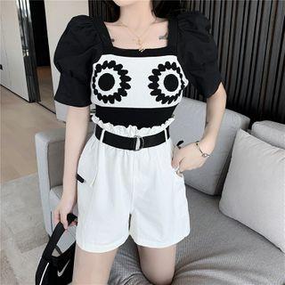 Short-sleeve Panel Top / High-waist Plain Shorts
