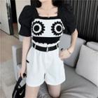 Short-sleeve Panel Top / High-waist Plain Shorts