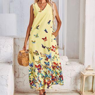 Sleeveless Butterfly Print Maxi A-line Dress