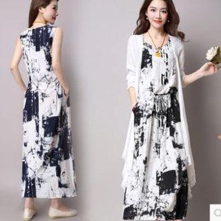 Set: Sleeveless Print Midi A-line Dress + Plain Cardigan
