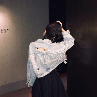 Distressed Fringed Trim Cropped Denim Jacket