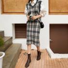 Knit Set: V-neck Plaid Vest + Midi Skirt