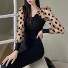 Long-sleeve Dotted Mesh-panel Knit Top Black - One Size