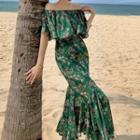 Short-sleeve Floral Print Off-shoulder Midi Mermaid Dress