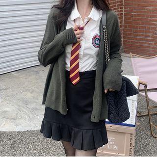 Badge Embroidered Shirt / Striped Neck Tie / Cardigan / A-line Skirt / Set