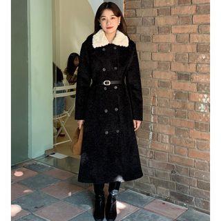 Fleece Collar Double-breasted Midi Coat