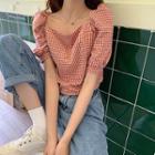 Gingham Short-sleeve Blouse Gingham - Red - One Size
