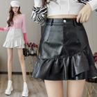 High Waist Ruffle A-line Faux Leather Skirt