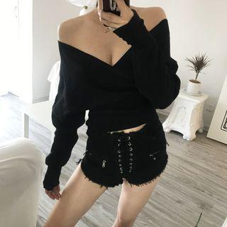 Off-shoulder Deep V-neck Sweater