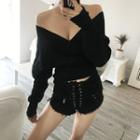 Off-shoulder Deep V-neck Sweater