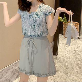 Set: Leaf Print Short-sleeve Blouse + Drawstring Chiffon Shorts