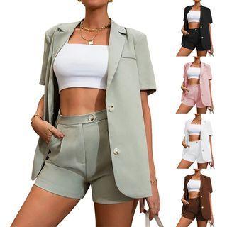 Set: Short-sleeve Plain Blazer + High Waist Shorts