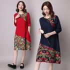 Elbow-sleeve Patterned Panel Dress