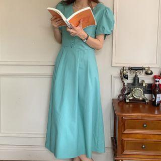 Puff-sleeve V-neck Plain Midi A-line Dress