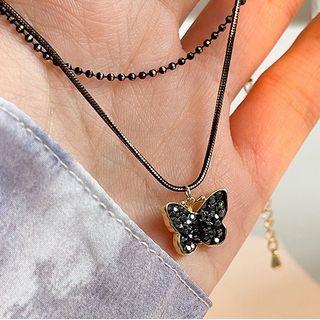 Butterfly Pendant Rhinestone Necklace Necklace - Butterfly - Gold & Black - One Size