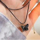Butterfly Pendant Rhinestone Necklace Necklace - Butterfly - Gold & Black - One Size