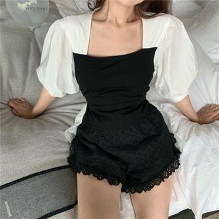 Two-tone Puff-sleeve Blouse / Eyelet Lace Shorts