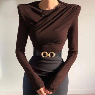 Shoulder-padded Plain Ruched Cropped Top
