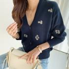 Daisy Flower Embroidery Cardigan Navy Blue - One Size