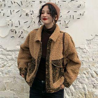 Leopard Patterned Panel Fleece Jacket Light Brown - One Size