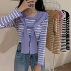 Mock Two-piece Striped Shawl Long-sleeve Knitted Shirt