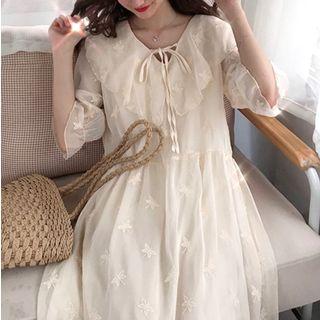 Sheer Elbow-sleeve A-line Midi Dress Almond - One Size