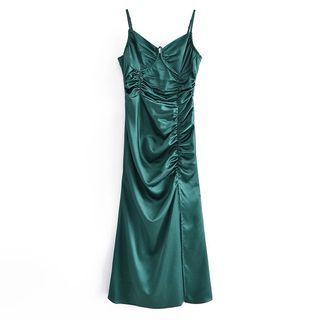 Spaghetti Strap Slit Satin Midi A-line Dress