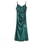 Spaghetti Strap Slit Satin Midi A-line Dress