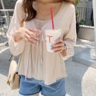 Set: Tie-front Crinkled Cardigan + Flared Camisole Top Light Beige - One Size