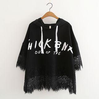 Lace Panel Lettering Hooded Short-sleeve T-shirt