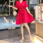Tie-waist V-neck Short-sleeve A-line Dress