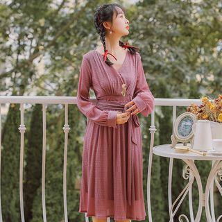 Long-sleeve V-neck Tie-waist Dress