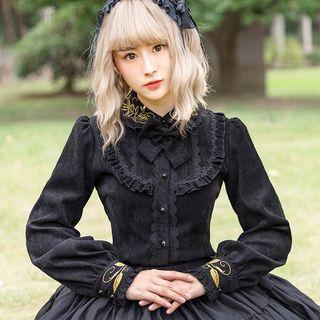 Embroidered Frill Trim Corduroy Blouse
