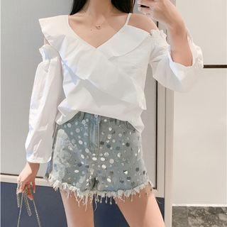 Long-sleeve Asymmetric Shoulder Plain Ruffle Trim Blouse