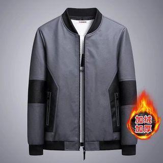 Long-sleeve Two-tone Faux Leather Fleece Zipped Jacket