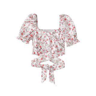Puff-sleeve Floral Print Tie-side Blouse
