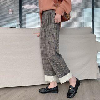 Plaid Paneled Cropped Straight-cut Pants