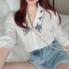 Elbow-sleeve Floral Blouse White - One Size