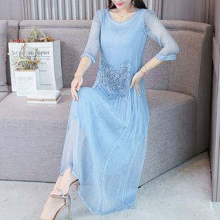 Crochet Trim 3/4 Sleeve Midi Dress