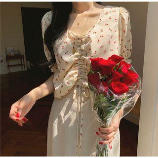 Elbow-sleeve Floral Drawstring Top