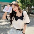 Puff-sleeve Bow Blouse Black Bow - White - One Size