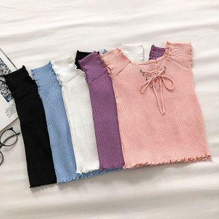 Plain Lace-up Ruffled-trim Slim-fit Knit Tank Top