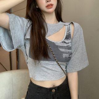 Cutout Printed Crop Tank Top + Asymmetrical Cape T-shirt